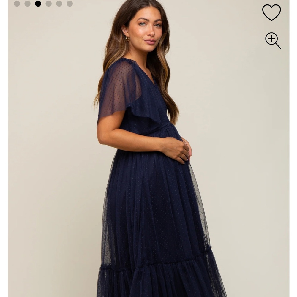 Pink Blush Smocked Navy Blue Tulle Maternity Dress